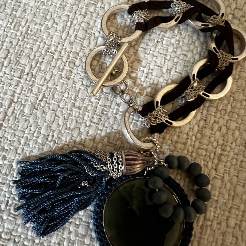 Silver and Denim Blue  Chain Bracelet with Tassel and Earrings